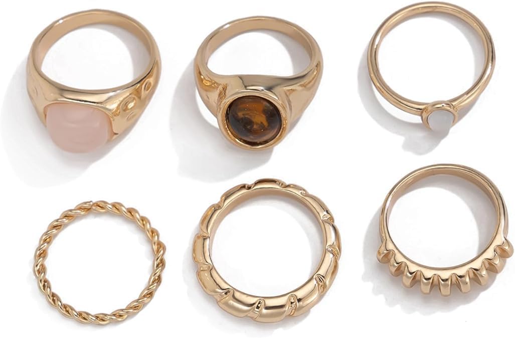 WETMT Chunky Gold Rings for Women Stackable Silver Flower Ring Set Vintage Statement Pearl Gemstone Rings Knuckle Costume Prom Jewelry Accessories