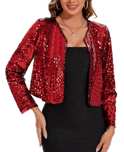 Image of MINTLIMIT Women's Sequin Jacket Long Sleeve Open Front Sparkly Shrugs Glitter Cropped Bolero Cardigans