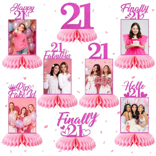 8Pcs Hot Pink Happy 21st Birthday Decorations Honeycomb Centerpieces for Her, Pink Glitter Finally 21st Birthday Photo Table Centerpieces Twenty-one Years Old Birthday Table Topper Party Supplies