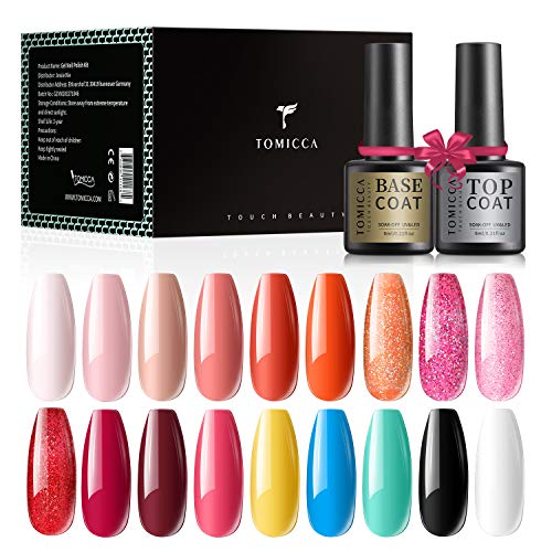 TOMICCA Gel UV nagellak set, 18 kleuren 6ml Naakt en Glitter kleuren Nail Art Set Soak Off Gel nagellak set, met Top Coat en Base Coat