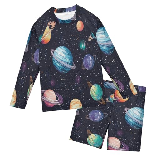 Space Planets Boys Swimsuit Rash Guard Toddler Kids Long Sleeve Swim Shirt and Trunks Swimwear Set 3-10Y