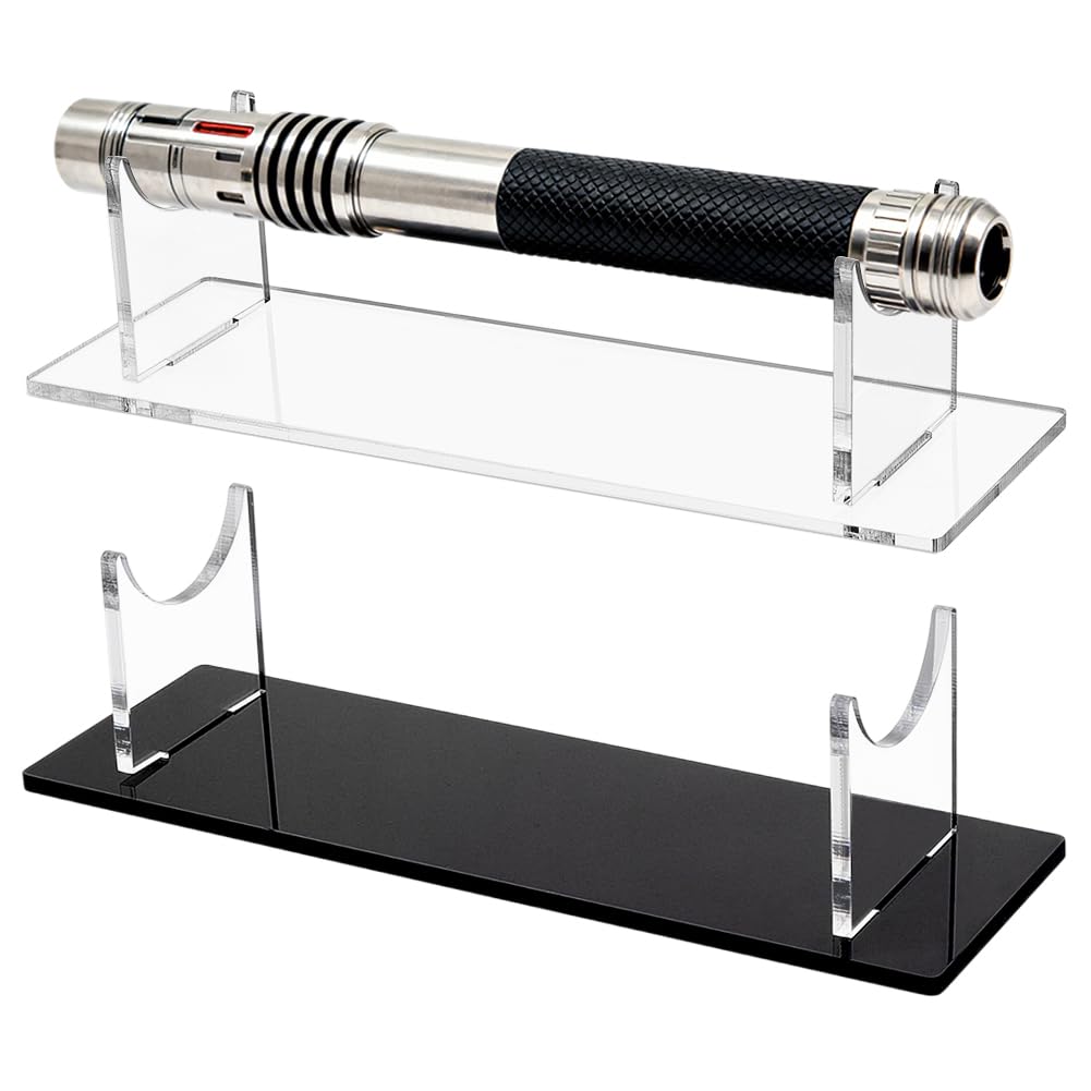 AHANDMAKER 2PCS Acrylic Sword Stand 2 Styles Lightsaber Display Stand Saber Desktop Holder for Light Sword Collections Table Decoration Men Gifts, Clear&Black