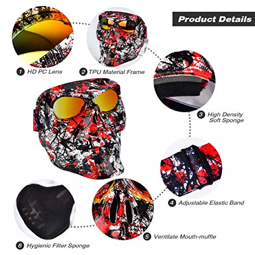 BOLLFO Airsoft Skull Mask Protective Full Face Tactical Mask for CS Airsoft Shooting Halloween Cosplay Cycling Party,Adjustable Windproof Outdoor Anti-Fog Face Mask (Skull- Black+Red Pattern)