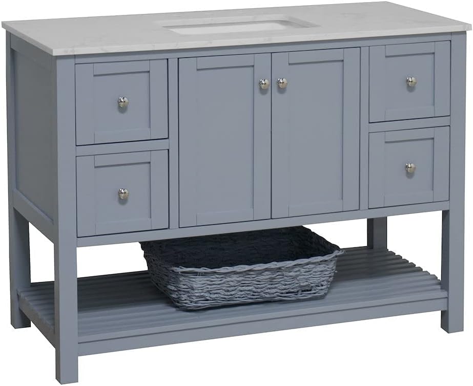 Lakeshore 48-inch Bathroom Vanity (Engineered Carrara/Powder Blue): Includes Powder Blue Cabinet with Engineered Carrara Countertop and White Ceramic Sink