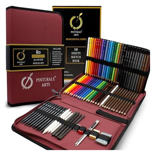 Pinturale Arts Kit Dibujo 80 Lápices y Accesorios | Incluye 18 Lápices Colores, 18 Lápices Acuarelables, 20 Lápices de Grafito, 10 Lápices Carboncillo y Accesorios | Set Para Artistas e Ilustradores