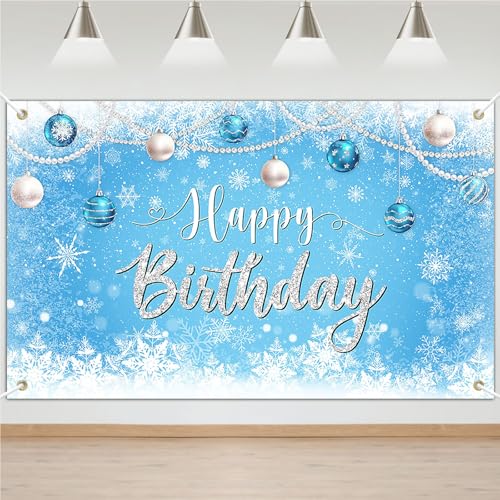 Avezano Winter Birthday Banner Blue White Snowflakes Happy Birthday Backdrop