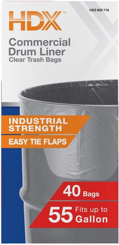 HDX 55 Gallon Clear Heavy-Duty Flap Tie Drum Liner Trash Bags (40-Count) : Industrial & Scientific