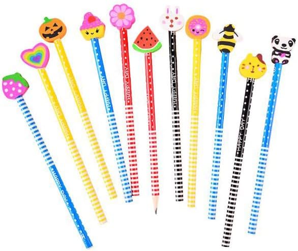 50 lápices de animales de dibujos animados de colores surtidos, lápices de madera con borrador, lápices de puntos y rayas con borrador de animales,