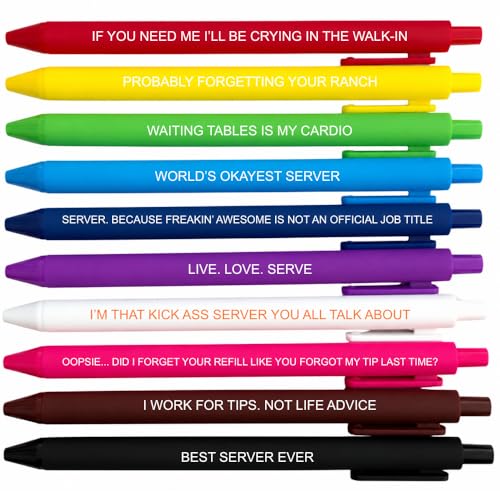 10PC Funny Server Pens Set Ballpoint Writing Pens Appreciation Gifts for Waiter Waitress Restaurant Staff Coworkers Office Desk Accessories Novelty Keepsake Souvenir Gift Ideas for Men Women Adults