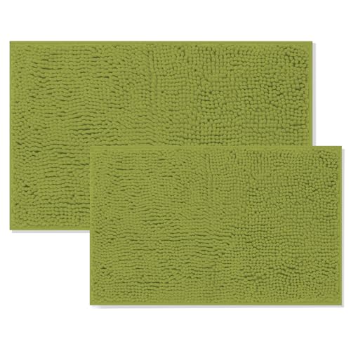 Bathroom Rugs Sets 2 Piece,Plush Bath Mat Set Quick-Dry Soft Chenille Bathroom Mat with PVC Non-Slip Backing,Absorbant Bathroom Rug Sets,Machine Washable Rugs for Shower Floor(Mustard Green)