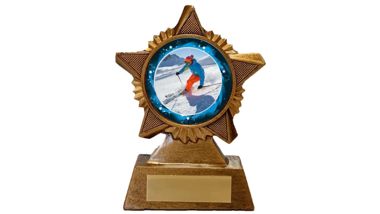 Troshow Antique Gold Skiing Trophy Award Premier Star 120Mm Ski Downhill Slopes Snow Heavy Resin Free Engraving -Troshow1-Gd