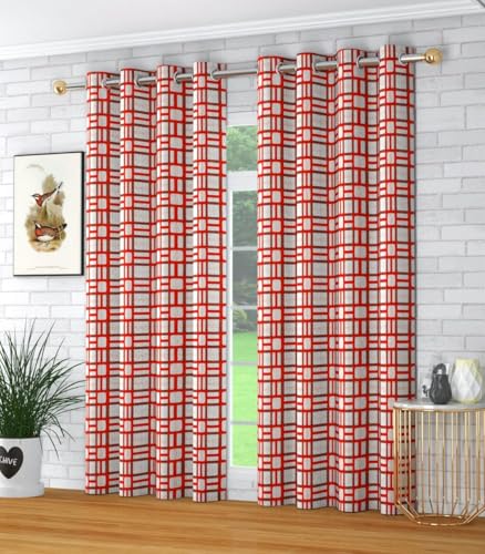 Image of Woah Geometric Pattern Grommet Curtains, 5 Feet for Living Room Bedroom|Geometric Pattern Faux Silk Room Darkening Door Curtains 4x7 feet (Red, 5 Feet Pack of 2)