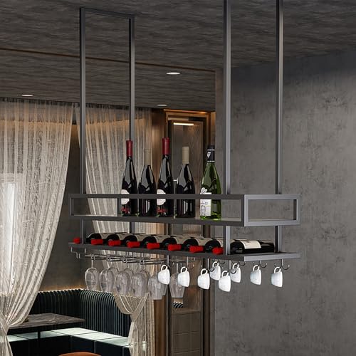 Porte-bouteilles de vin de plafond en métal avec support de verre suspendu