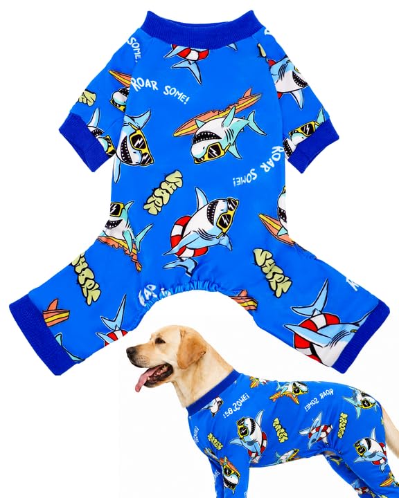 BIPY Dog Pajamas Milk Silk Fabric Breathable and Comfortable Elastic Dog Daily Clothes with Neckline Contraction to Prevent Hair Loss Cute and Cool Shark Pet Home Clothes，2XL