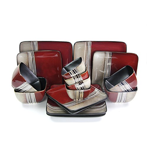 Elama Loft Collection Geschirr-Set aus Steingut, quadratisch, 16-teilig, Rot und Hellbraun mit weißen Akzenten