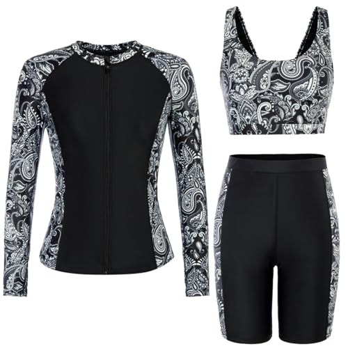 Image of JACK SMITH Women's 3 Piece Long Sleeve Rash Guard Swimsuits Zip Front Bathing Suit Tankini Swimsuits UPF 50