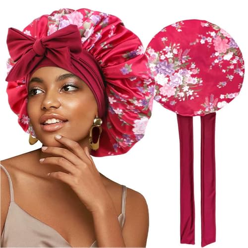 Gorro de Dormir de satén NYSDM para Mujer con Cola de Cinta Larga, Estampado de Leopardo, Reutilizable, Ajustable, para el Cuidado del Cabello, Gorro de Ducha Nocturno
