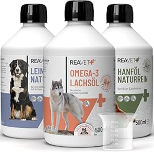 ReaVET Dog Food Oil, 3 Varieties x 500 ml, Barf Oil Dog – Set of Salmon Oil, Linseed Oil & Hemp Oil – Barf Additive, Cold Pressed, Omega-3 Fatty Acids, No Additives