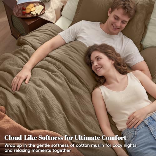 Image of PHF Cotton Muslin Comforter Set Twin, Ultra Soft Breathable, Mocha