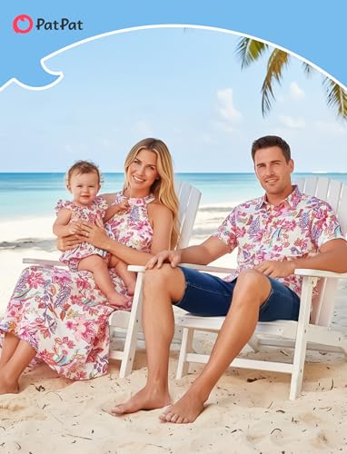 Image of PATPAT Family Hawaiian Matching Outfits - Mommy and Me Vacation Outfits | Halter Sundresses and Button Down Shirts,Caribbean Vacation Summer Tropical Outfits,Hawaiian Boho Tropical Floral Printed