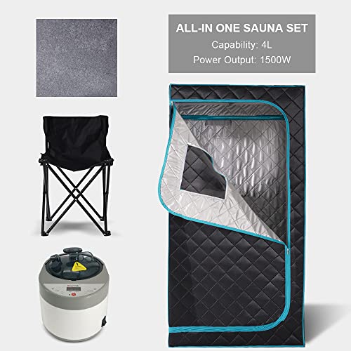 Image of Smartmak Portable Home Steam Sauna, Full Size Personal Sauna Spa Box, Single Saunas Box with Steamer, 4L 1500W Large Steam Generator 99 Min Timer, Remote Control, Upgraded Foldable Chair, Mat, Green