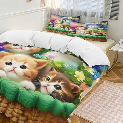 Housse de couette chat mignon 220x240cm avec 2 taies d'oreiller