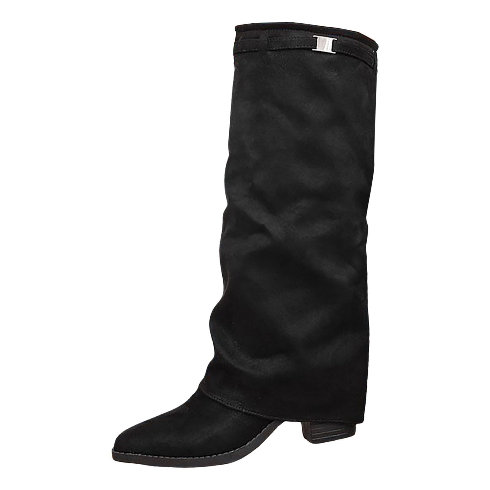 Knee High Boot Women Fold Over Slouched Ruched Booties Pull On Chunky High Heels Long Bota Faux Suede