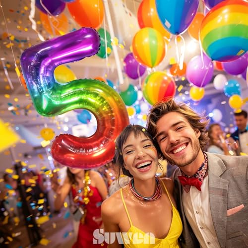 Image of SUWEN Rainbow Number 5 Balloon 40 Inch,Big Colorful Balloons 0-9 | Large Gradient Jelly 5th Helium Foil Mylar Number Multicolor Balloons for Birthday Anniversary Party Decorations