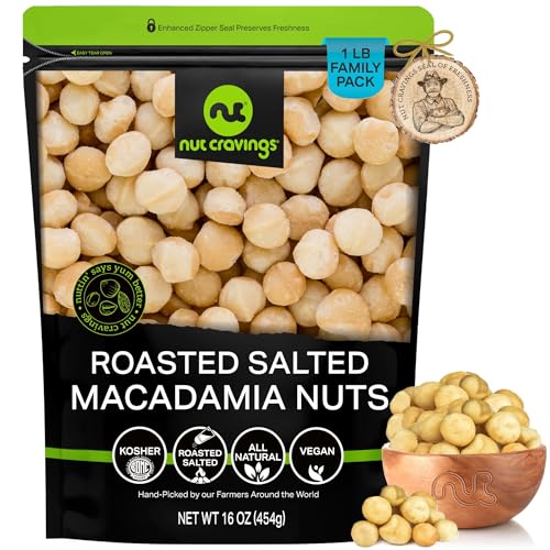 NUT CRAVINGS - Roasted & Salted Macadamia Nuts - No Shell, (16oz - 1 LB) Bulk Nuts Packed Fresh in Resealable Bag - Healthy Protein Food Snack, Food Assortments