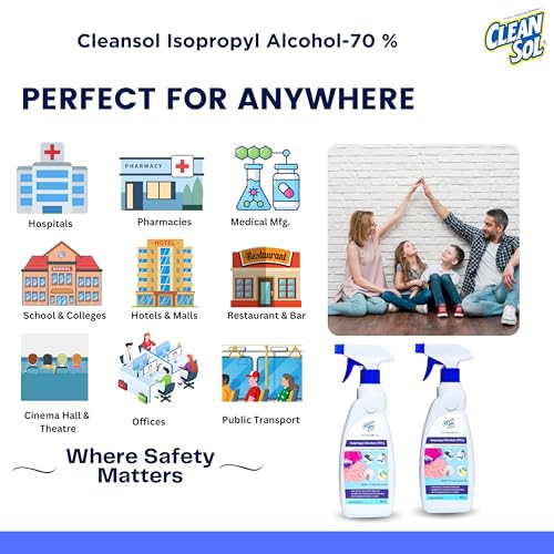 Image of Cleansol Isopropyl Alcohol (70%) For Cleaning | Multipurpose Disinfectant & Surface Sanitizer Spray | No Residue | Rubbing Alcohol for Derma Roller | For Home, Office, Hospital & Clinic - 500ml