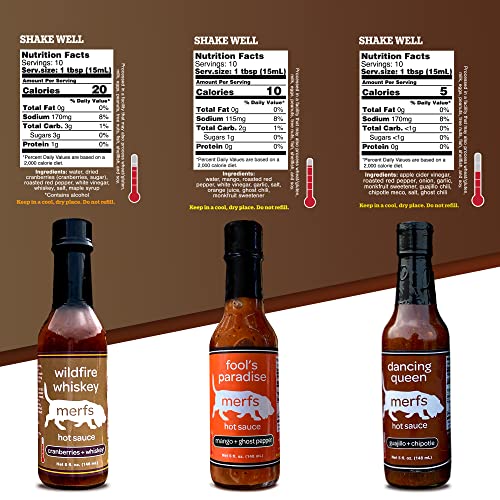 Merfs Condiments Gourmet Hot Sauce Gifts Variety Pack. Medium & Hot. Chipotle, Whiskey & Mango. All Natural, Vegan, Sugar Free, Paleo, Low Carb & Keto Friendly. 5 Fl Oz (Pack Of 3) #TOP3