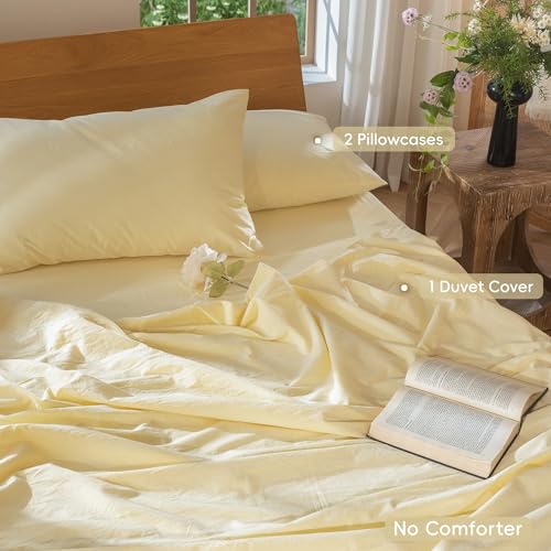 Image of MooMee Duvet Cover Set 100% Washed Cotton Linen Like Queen | Relaxed Linen-like Texture. Soft, Breathable & Long-lasting Comfort. Lightweight. Hidden Zipper with 8 Interior Corner Ties