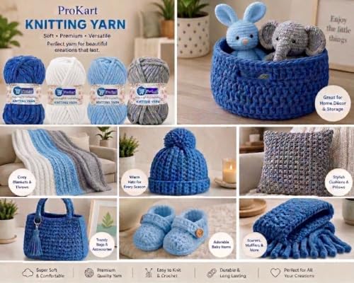 Image of ProKart - Blankie Plush & Cuddly Chenille Yarn for Knitting | Super Soft Velvet Pastel Yarn for Blankets, Baby Toys & DIY Crafts | 100g, Pack of 4 (Royal Blue, Sky Blue, Pure White, Silver)