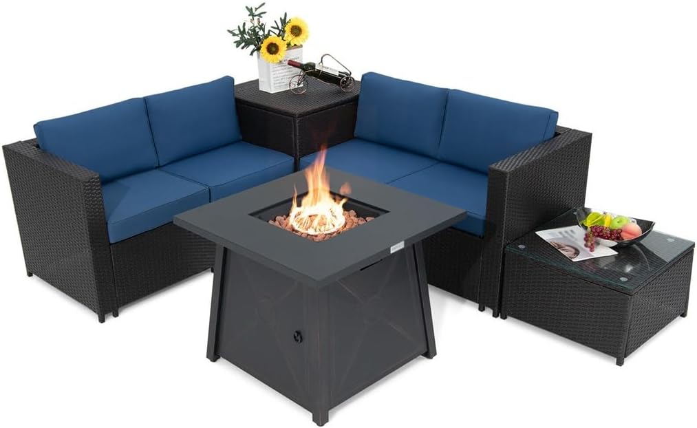 5PCS Patio Rattan Furniture Set 30" Gas Fire Pit Table W/Cover Navy