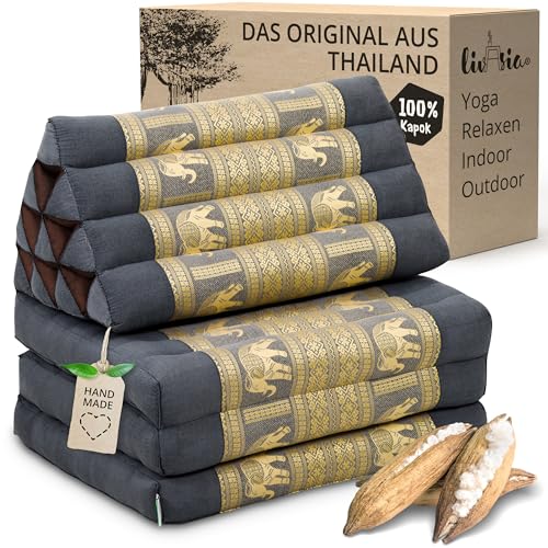 livasia Thaikissen 3 Auflagen Thaiseide - 175x55x8cm - Dreieckskissen mit Klappmatratze, Rückenkissen faltbar, Thaimatte zum Klappen, Kapok...
