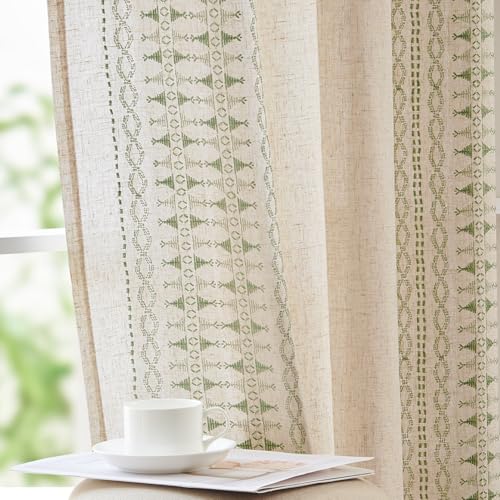 Image of jinchan Boho Curtains for Bedroom Linen Blend Window Curtains 84 Inches Long 2 Panels Sage Green Farmhouse Embroidered Drapes for Living Room Bohemian Light Filtering Grommet Drapes Sage on Beige