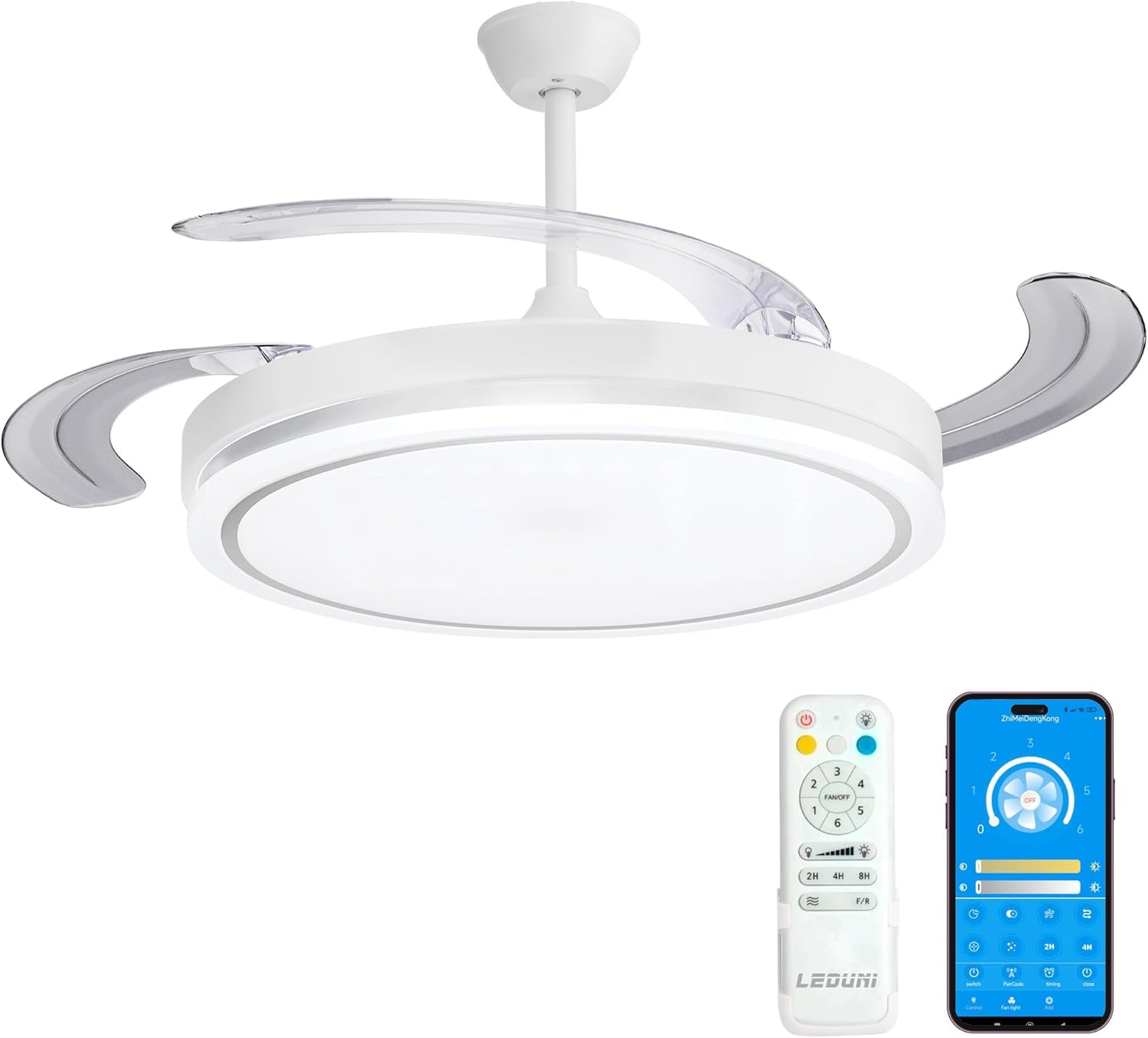 Ventilador de Techo con aspas plegables con luz Led 66w 2880lm, Mando a Distancia, Motor DC, 6 velocidades, Silencioso,función verano-invierno, temporizador, Temperatura CCT (Blanco)