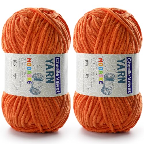 Image of 2 Pac Chenille Yarn for Crocheting - Blanket Yarn for Crocheting - Fluffy Yarn for Crochet, Baby Yarn for Crocheting Soft Blankets Weight Per Roll 50g /1.76oz, Length 60m /65yard (Orange)