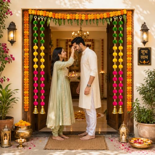 Image of BindianPom Pom Beads & Golden Bell Toran for Main Door, Pack of 10 Door Hanging Decorative Items, Home Decor Wall Hanging Decoration, Pooja Room Decor, Festival Decoration