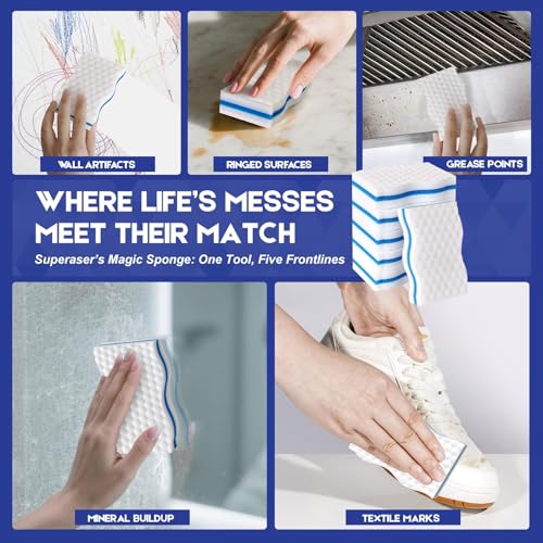Image of Magic Sponge Eraser, 3X Density Melamine Cleaning Sponges, 24 Pack | Long-lasting melamine sponges clean kitchen, bathroom, floors, walls and furniture with water only.
