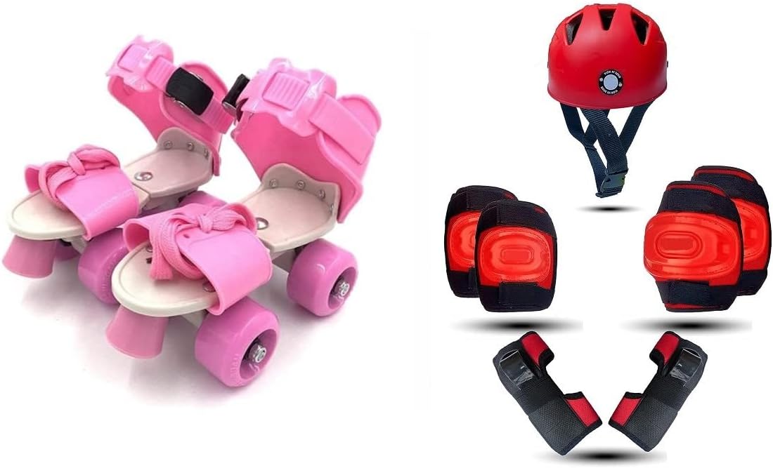 Qwick Click Roller Skates with Protective Set Guard Protection kit for Skating, Cycling, Skateboarding for Kids Age 6-15 Years with Knee, Elbow and Wrist Guards (Pink-Red)
