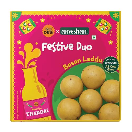 GO DESi Festive Duo Holi Gift Box | Besan Laddu and Thandai Combo | Made With Bilona-Churned A2 Ghee from Anveshan | Holi Sweets | Holi Gifting