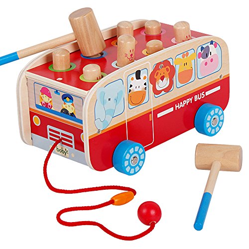 Wooden Pull Along Walking Bus Toys Pounding Bench Set for Kids Toddlers Preschool