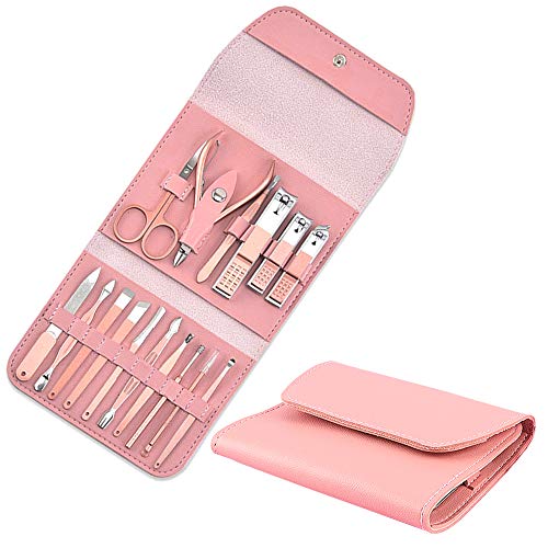 Manicure Set，Nail clipper set 16 in 1， Women Grooming kit, with luxury pink leather case, family and travel professional nail repair kit.