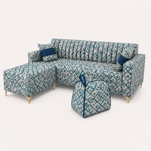 Image of FURNY Signature Regalia 4-Seater L-Shape Sofa Set with Movable Ottoman & Suri Pouf | Flexible LHS /RHS Layout | Tapestry Fabric | 40D Foam + Zigzag Spring | 3-Yr Warranty (Lagoon Mosaic Blue)