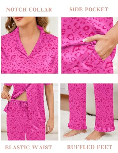 Image of SWOMOG Women Satin Pajamas Set Short Sleeve Top & Pants Sleepwear Silky Button Down Nightwear 2pcs Loungewear Pjs Set