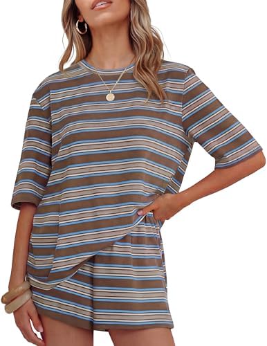 ZESICA Womens Summer 2 Piece Short Sets Striped Oversized Matchin...
