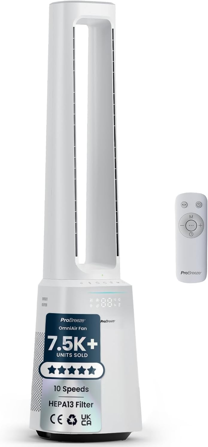 Pro Breeze® OmniAir 41" Bladeless Tower Fan with Air Purifier - Silent Standing Portable Circulator - Remote Control, HEPA Filter, LED Display, 10 Fan Speeds, 5 Modes & 60° Oscillation