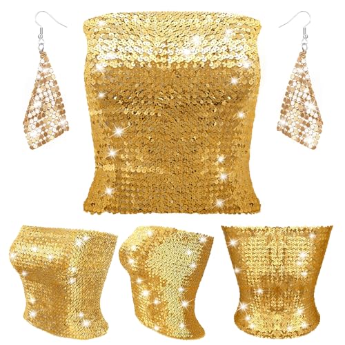 Women's Sparkly Sequin Crop Tops Strapless Metallic Tube Tops with Metal Mesh Drop Dangle Earrings for Party Clubwear