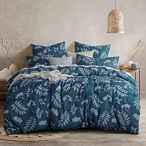 RUIKASI Duvet Cover Set Double Size Navy Floral - Microfiber Bedding Set Double Bed Soft Breathable Quilt Cover Bed Set for All Seasons Cover